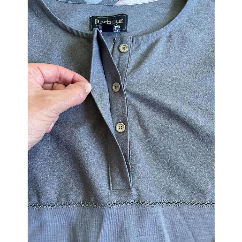 Barbour Summer Tartan Carron Top Mercury Grey Roll Back Sleeves Curved Hem US 6 - Picture 5 of 9